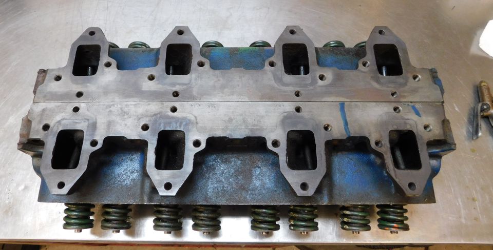 Pair of blue cast iron V8 cylinder heads, intake side view, with valve springs.