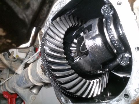 1996 Ford Bronco - Close-up view of the differential housing of a 1996 Ford Bronco, showing the ring gear and differential carrier with lubrication.