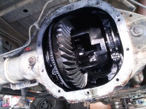 1996 Ford Bronco - The open differential housing of a vehicle is shown, revealing the ring gear, pinion gear, and differential gears covered in dark lubricant…