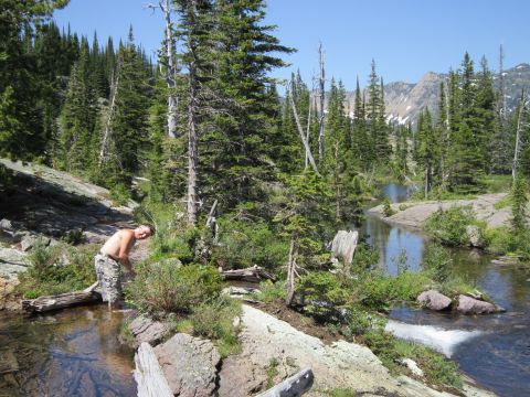1974 Ford Ranchero - A man wearing camouflage pants wades in a shallow, clear stream surrounded by pine trees and rocky terrain.