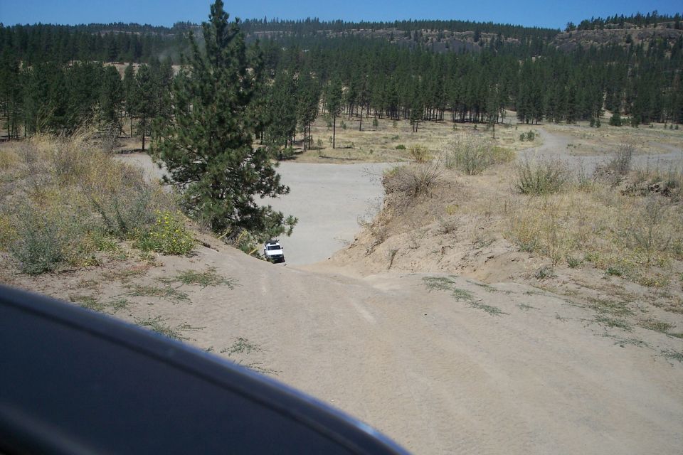 Dirt trail with dry grass and brush, distant hills under a clear sky