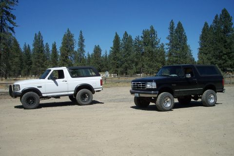 1995 Ford Bronco - Two Ford Broncos, one white and one black, are parked on a dirt road with a line of trees behind them under a clear blue sky.
