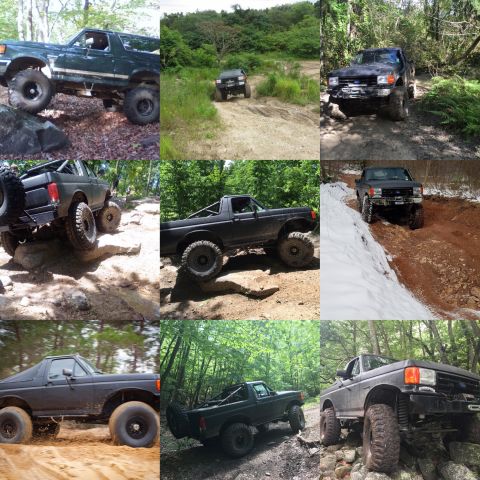 1989 Ford Bronco - A lifted black Ford Bronco is navigating a rocky, wooded trail. The vehicle is angled to the right, showing its side profile with large off…