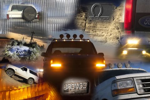 1993 Ford Bronco - This collage features multiple Ford Broncos, some with off-road lights and one climbing a dirt incline.