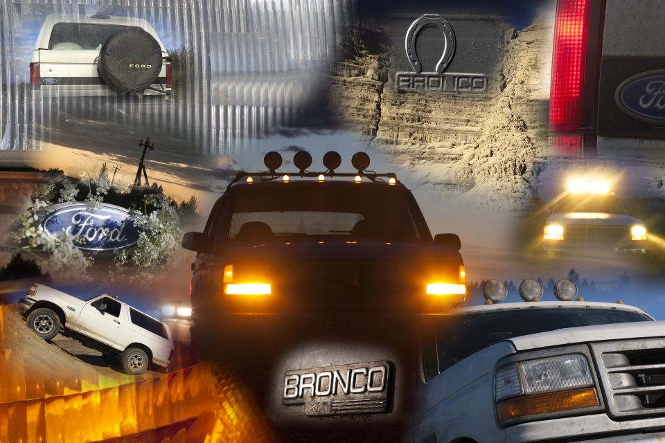 Collage of Ford Broncos, some with light bars, one on a dirt hill