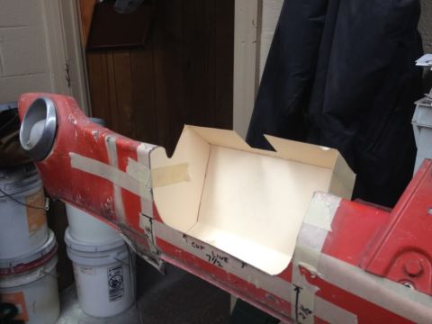 1968 Mercury Cougar - Fender section being modified with tape and a cardboard template for a custom insert.