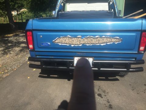 1979 Ford Bronco - This 1979 Ford Bronco features a unique camouflage decal on its tailgate and a heavy-duty aftermarket rear bumper.