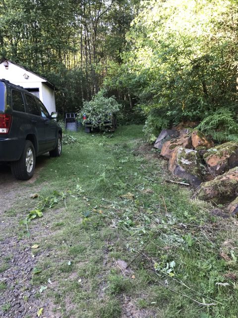 1989 Ford Bronco - A dark SUV and a trailer loaded with branches are parked in a yard with trees and rocks.