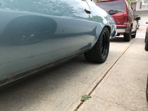 1975 Chevrolet Chevelle - A blue car with wide tires is parked next to a red SUV, showing a side profile of the car.