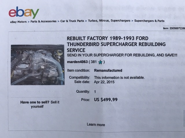 eBay Motors listing for a 1989-1993 Ford Thunderbird supercharger rebuilding service