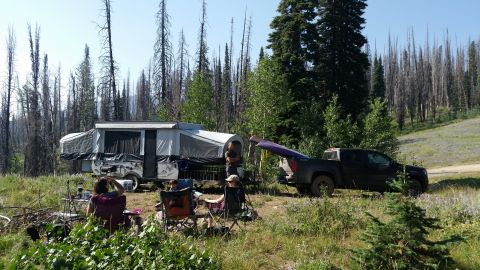 1981 Ford Bronco - A campsite scene features a pop-up camper and a pickup truck, with people relaxing outdoors.