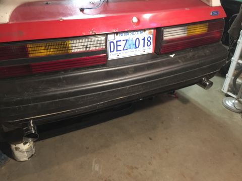 1983 Ford Mustang - Rear view of a car's bumper and taillights, a Nova Scotia license plate.