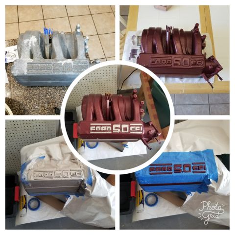 1967 Ford Bronco - Collage shows a Ford 5.0 EFI intake manifold undergoing a paint job, progressing from bare metal to a finished red color.