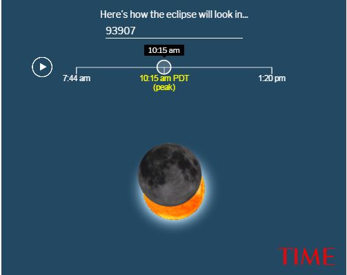 Eclipse simulation showing moon partially covering sun at 10:15 am PDT
