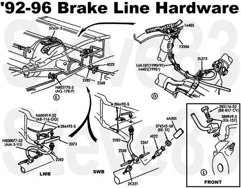1983 Ford Bronco - This diagram illustrates brake line hardware for vehicles from 1992 to 1996, not a 1983 Ford Bronco.