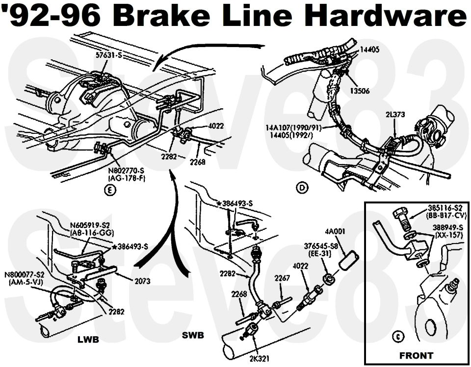 '92-96 brake line hardware exploded diagram with part numbers for LWB and SWB