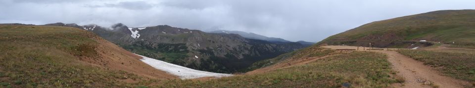 Panoramic view of a mountain landscape with a dirt road winding through grassy hills and patches of snow