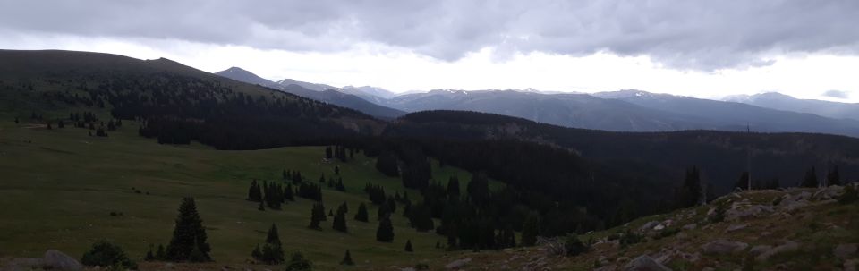 Mountain landscape with rolling green hills, dark pine forests, and distant snow-capped peaks under a cloudy sky