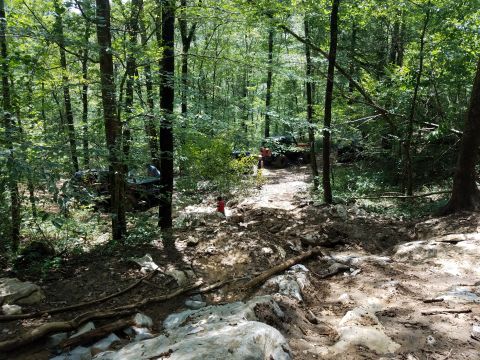1988 Ford Bronco - A group of off-road vehicles are parked on a muddy trail in a dense forest. One person is visible near the front vehicle, appearing to work…