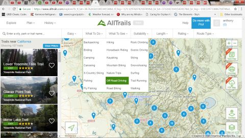 1995 Ford Bronco - AllTrails website displaying trail information and a map with various outdoor activities listed.