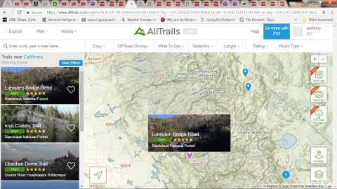 1995 Ford Bronco - The AllTrails website displays a map with trail information and a preview of the Lumsden Bridge Road trail.