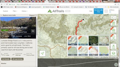 1995 Ford Bronco - A screenshot of the AllTrails website displays a map with a trail route and details about Lumsden Bridge Road.