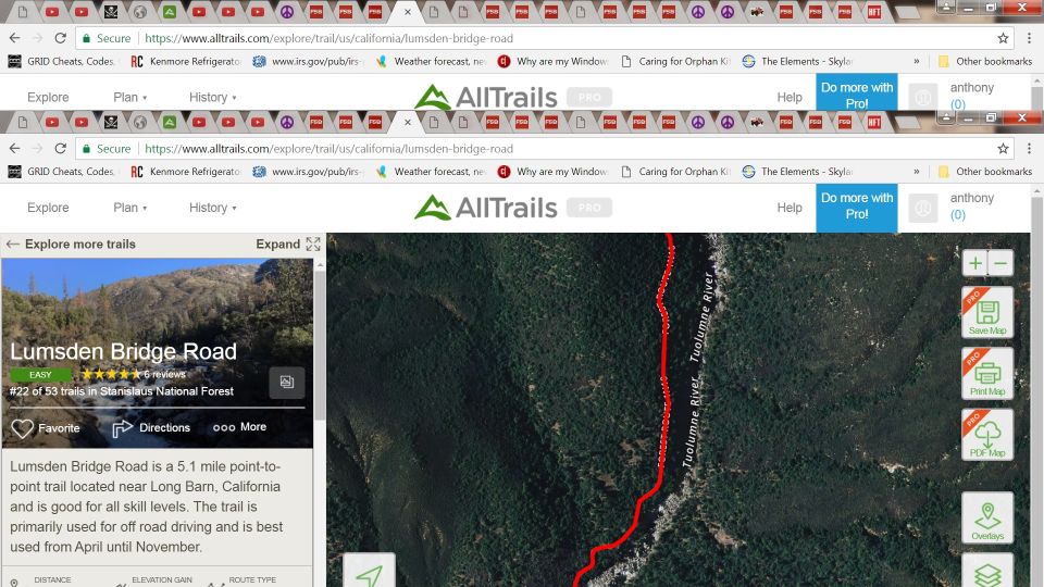 Screenshot of AllTrails website showing Lumsden Bridge Road map with Tuolumne River
