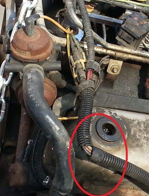 1994 Ford Bronco - Underhood photo showing a vacuum canister, coolant hoses, and a wiring harness connector circled in red.