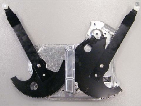 1994 Ford Bronco - Bench photo of a complete power window regulator with toothed sector arms and mounting bracket.