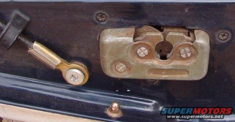 1994 Ford Bronco - Close-up photo of a tailgate latch mechanism with an adjustable linkage rod attached to the body.