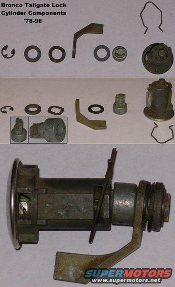 1994 Ford Bronco - Parts breakdown photo titled Bronco Tailgate Lock Cylinder Components '78-96 showing clips, washers, lever, and cylinder.