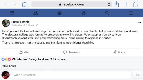 1995 Mercury Grand Marquis - A screenshot of a Facebook post by Russ Feingold discussing racism in institutions and laws, mentioning the electoral college, voter suppre…