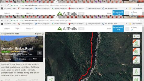 1995 Ford Bronco - A screenshot of the AllTrails website showing a map of the Lumsden Bridge Road trail in California. The map displays the trail route in red…