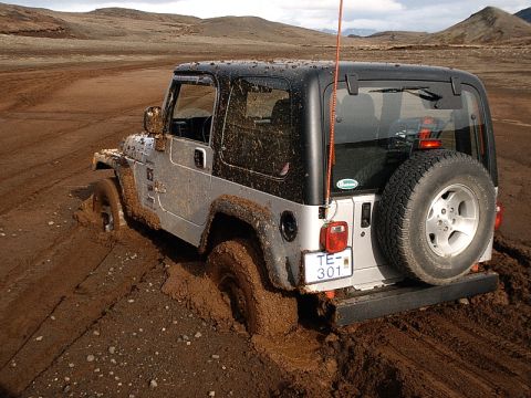 1996 Ford Bronco - This Jeep Wrangler is deeply stuck in mud, with its tires submerged in the thick, brown earth.