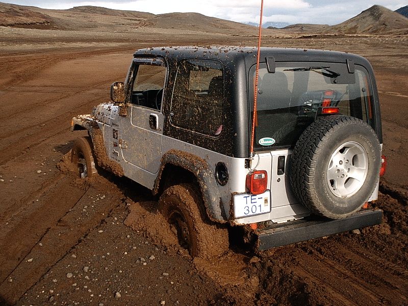 Silver and black SUV stuck in deep mud, rear view, spare tire on tailgate