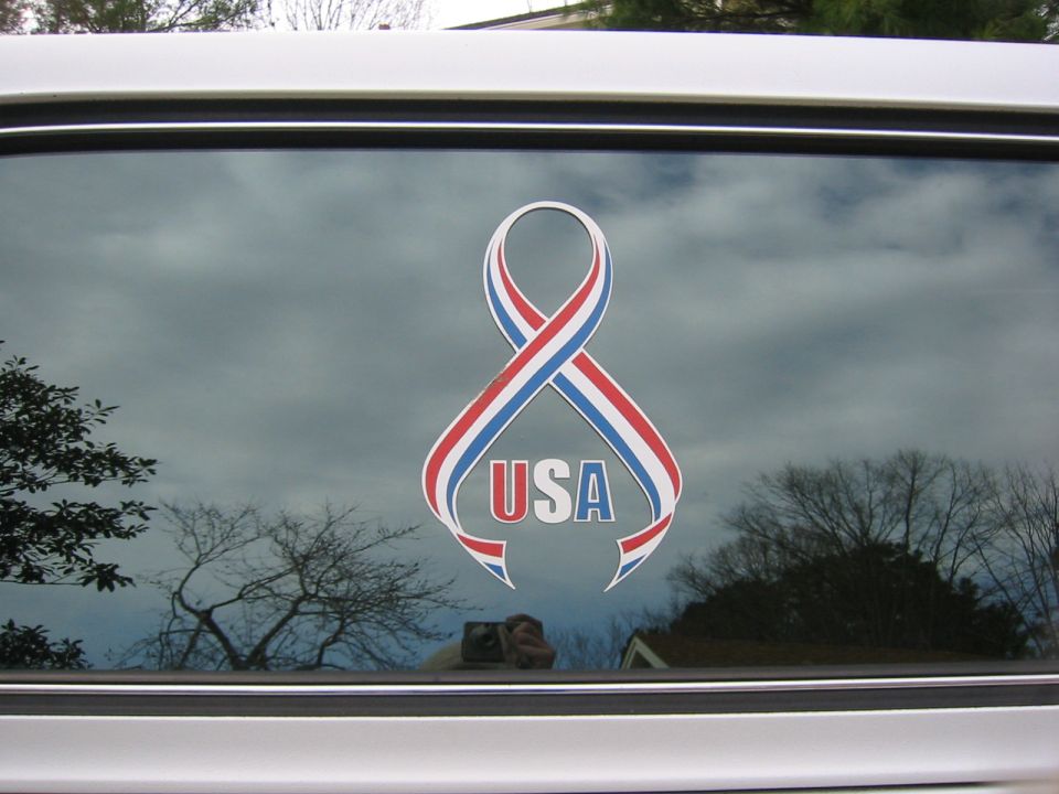 Red white and blue USA ribbon decal on a vehicle's rear window reflecting bare trees