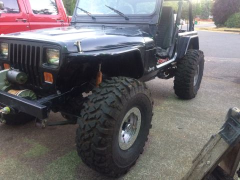 1995 Jeep Wrangler - This heavily modified Jeep Wrangler features oversized tires and a lifted suspension, indicating significant off-road customization.