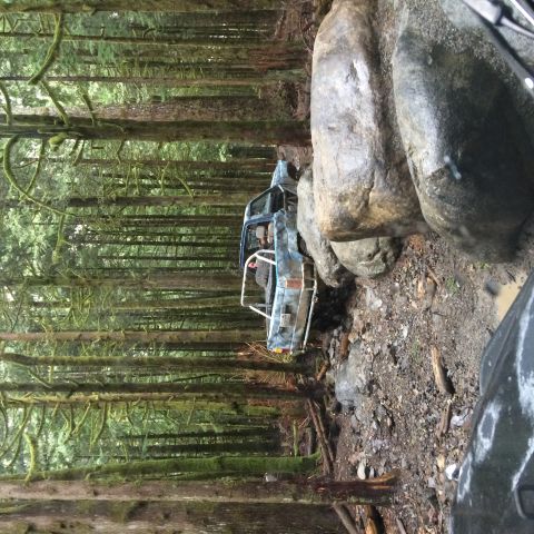 1995 Jeep Wrangler - A blue Jeep Wrangler YJ navigates a challenging rocky path through a dense forest.