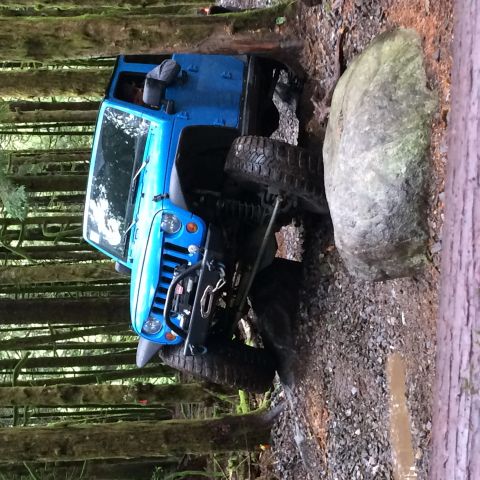 1995 Jeep Wrangler - A bright blue Jeep Wrangler is navigating a muddy, wooded trail, with its front tire resting on a large rock. The vehicle is angled, showin…