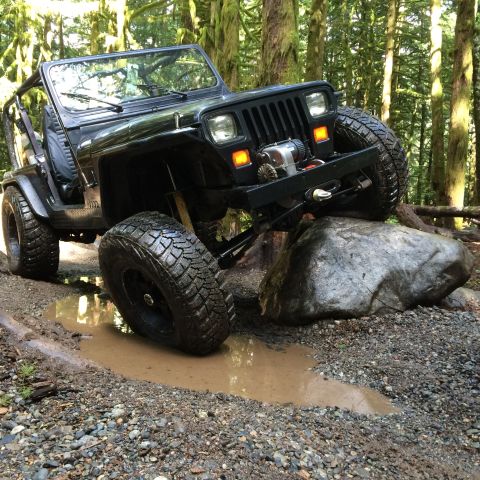 1995 Jeep Wrangler - A black Jeep YJ is navigating a muddy trail, with its front tire climbing over a large rock. The vehicle is surrounded by a lush, moss-cove…