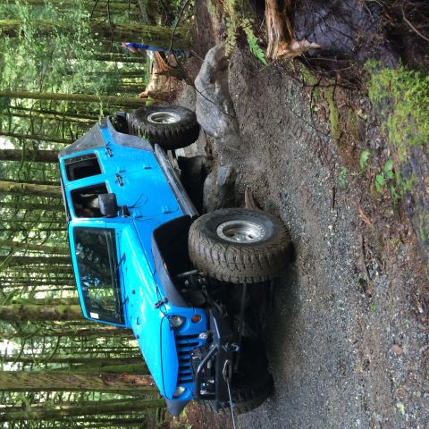 1995 Jeep Wrangler - A bright blue Jeep Wrangler is navigating a rocky, off-road trail in a dense forest. The vehicle is tilted to the side, with its front tire…