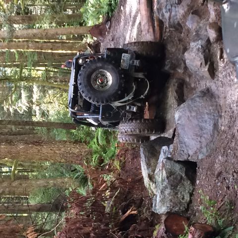 1995 Jeep Wrangler - A modified Jeep YJ is navigating a rocky, wooded trail. The vehicle is angled, showing its large tires and roll cage.