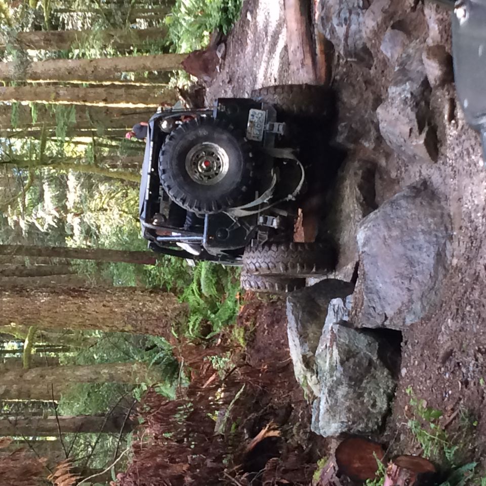 Modified Jeep YJ on a rocky, wooded trail.