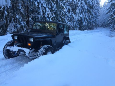 1995 Jeep Wrangler - A black Jeep Wrangler navigates a snow-covered trail surrounded by snow-laden trees.