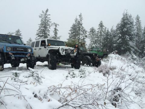 1995 Jeep Wrangler - Multiple off-road vehicles are parked in a snowy forest during winter.