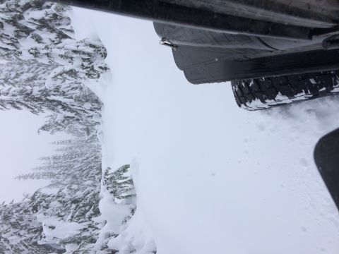 1995 Jeep Wrangler - A vehicle navigates a snowy path, with trees covered in snow visible on the left.