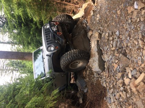 1995 Jeep Wrangler - Jeep Wrangler Rubicon navigating a difficult rocky trail with trees in the background.
