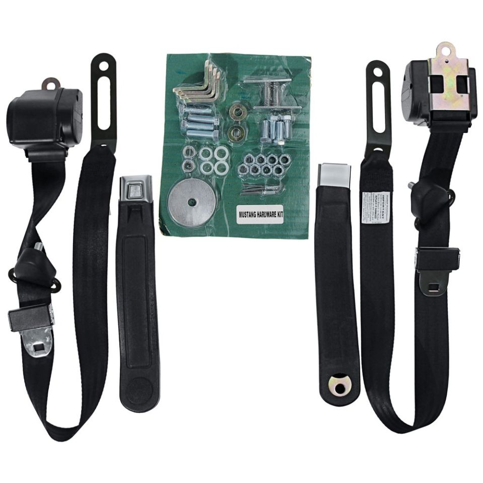 Seat belt kit with hardware. Includes two black seat belts and a green package of bolts, washers, and brackets labeled "MUSTANG HARDWARE KIT"