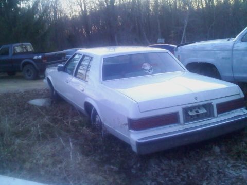 2001 Ford Crown Victoria - A white sedan with a skull sticker on the rear window sits in a lot with other vehicles.
