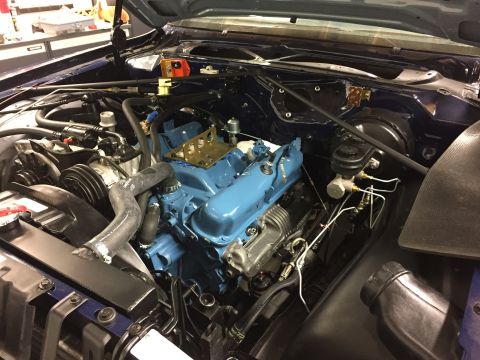 2001 Ford Crown Victoria - Close-up view of a vehicle's engine bay, showing various mechanical parts and blue painted components.